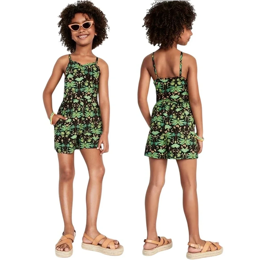 Old Navy‎ Girls Large Romper Black Green Palm Tree Tropical Cotton Sleeveless